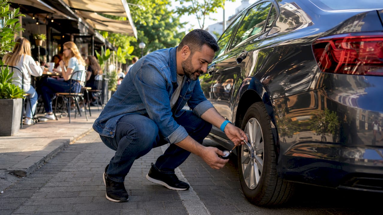 Uomo che controlla il pneumatico dell'auto nel vialetto
