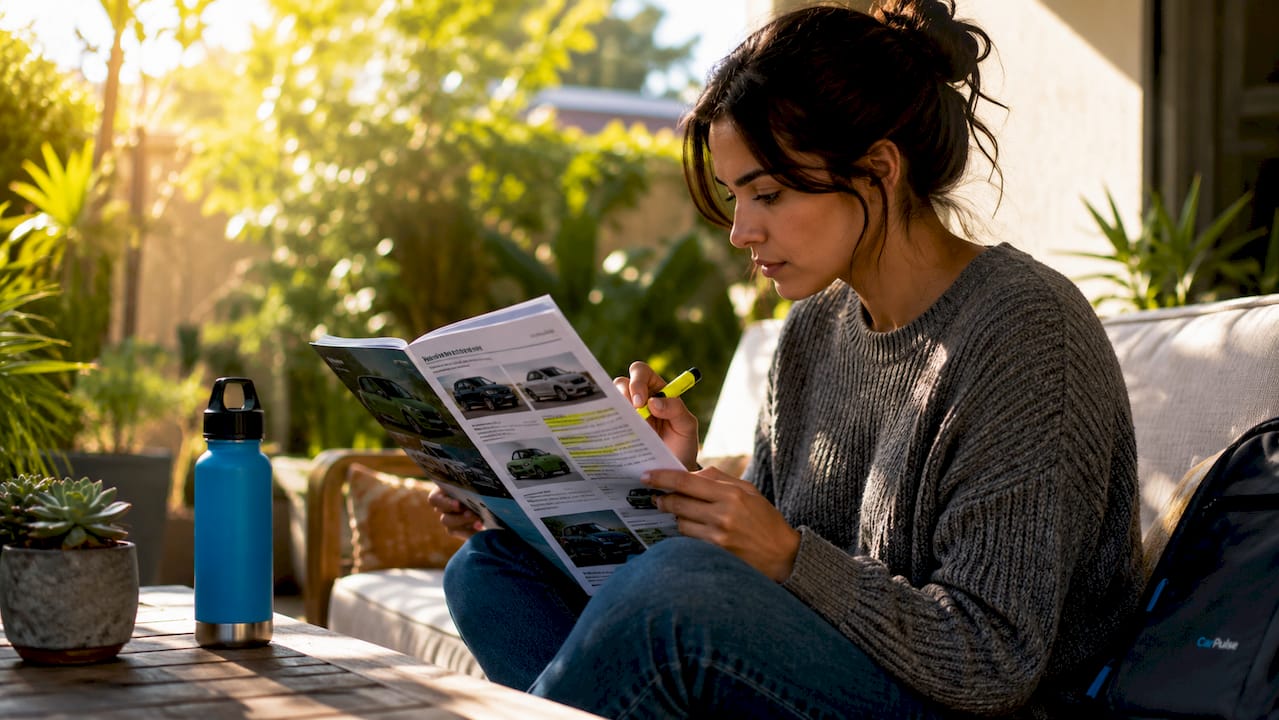Donna che legge la guida all'acquisto di auto ecologiche