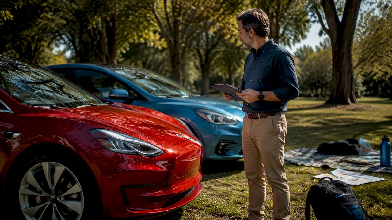 Uomo che confronta auto elettriche e ibride all'aperto