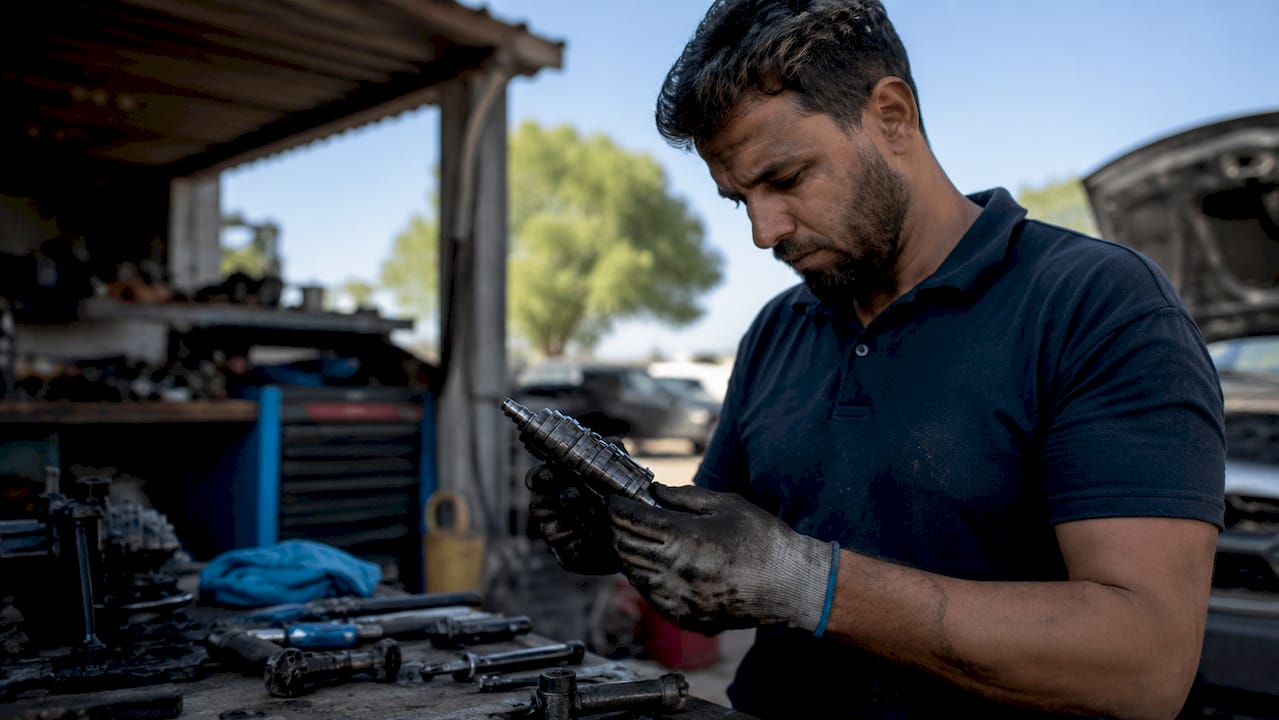 Duar që inspektojnë filtrin e karburantit të motorit naftë në garazh