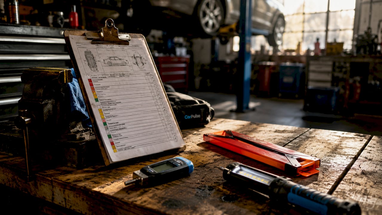 Checklist per l'ispezione dell'auto e strumenti su un banco di lavoro