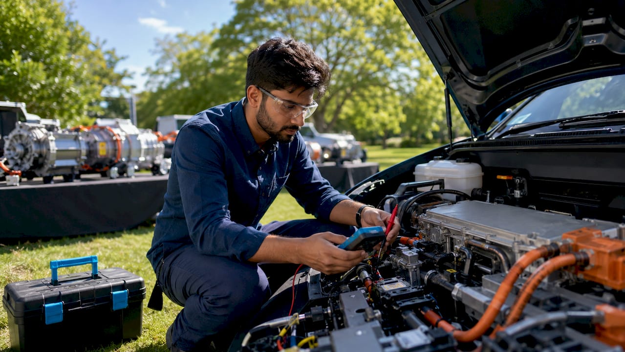 Tekniku duke inspektuar trenin e energjisë së automjetit elektrik në natyrë