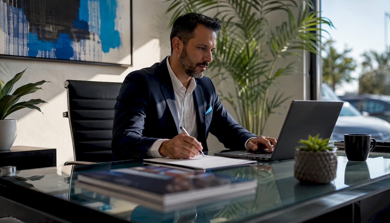 Concessionario auto che lavora su una piattaforma di marketplace per leasing