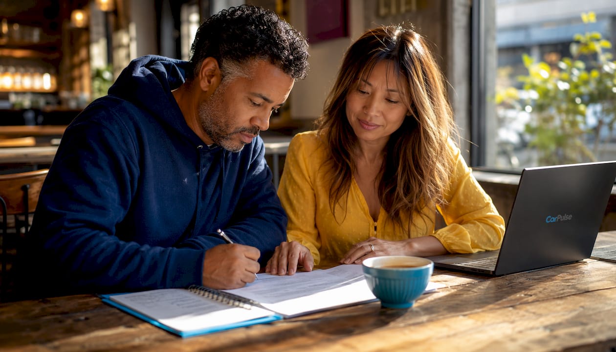 Couple signing vehicle lease option contract