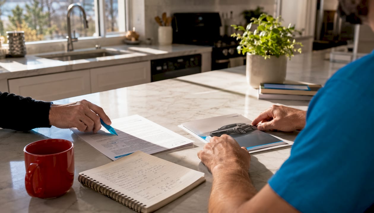 Hands comparing lease option and lease-purchase documents