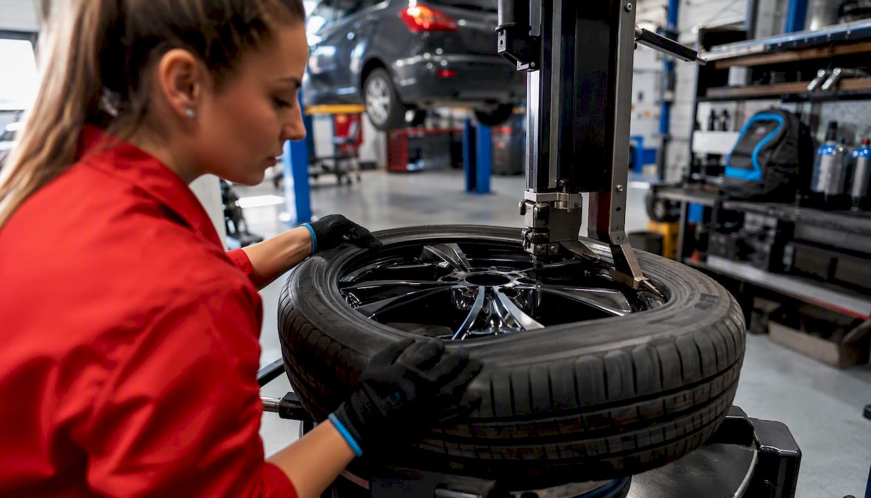 Mekanik që monton gomën Michelin në garazhin shqiptar