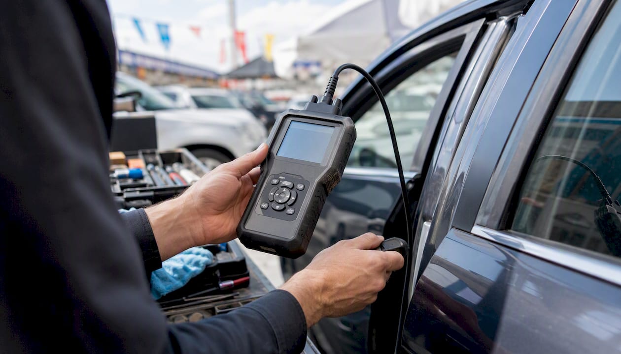 Mani che scansionano il codice a barre VIN dell'auto all'interno del veicolo