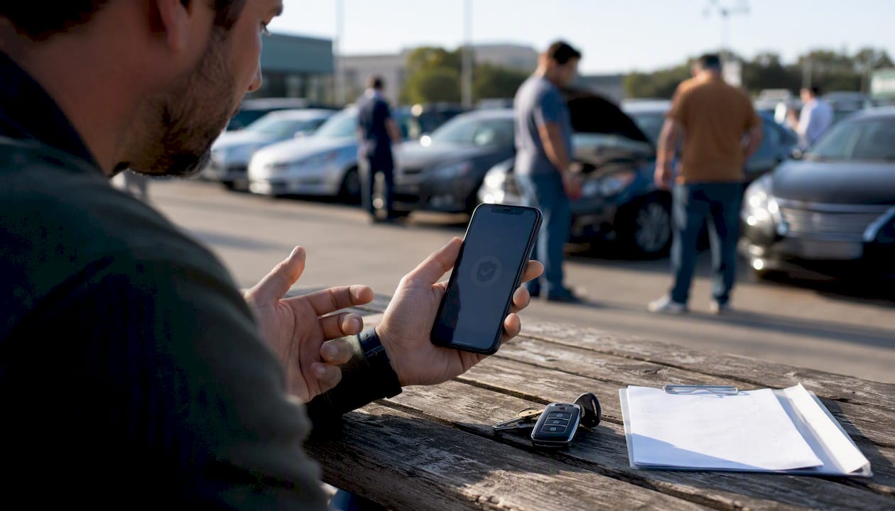 Mano che tiene un telefono che mostra il badge di venditore verificato