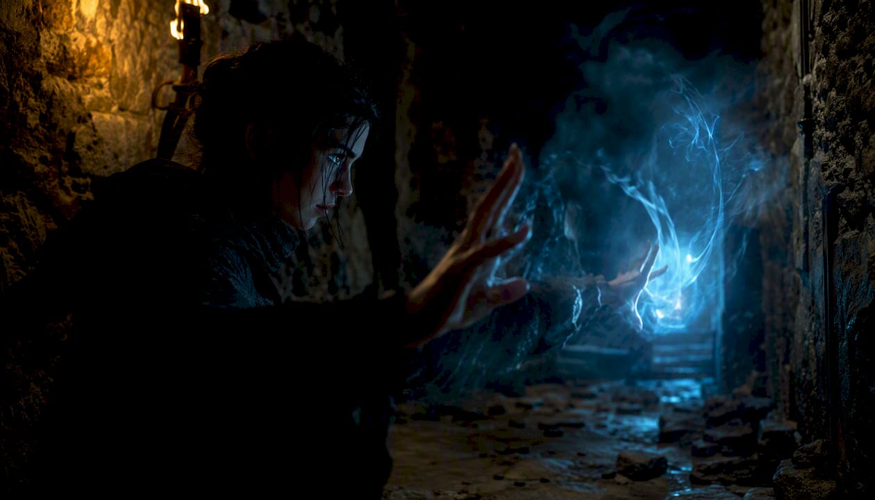 Korridori i dungeon-it me hijen e armikut që hedh magji