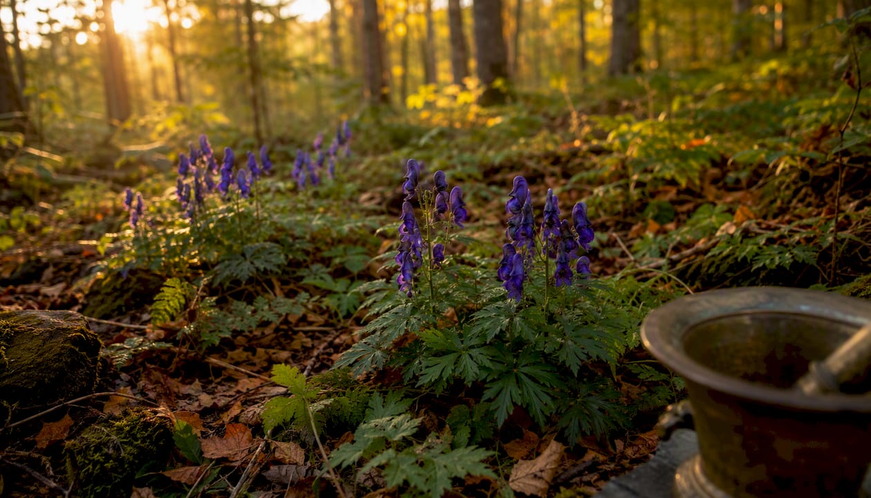 Bimët Monkshood në dyshemenë e pyllit