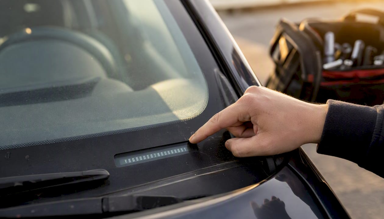 Mano che ispeziona la targa VIN del veicolo