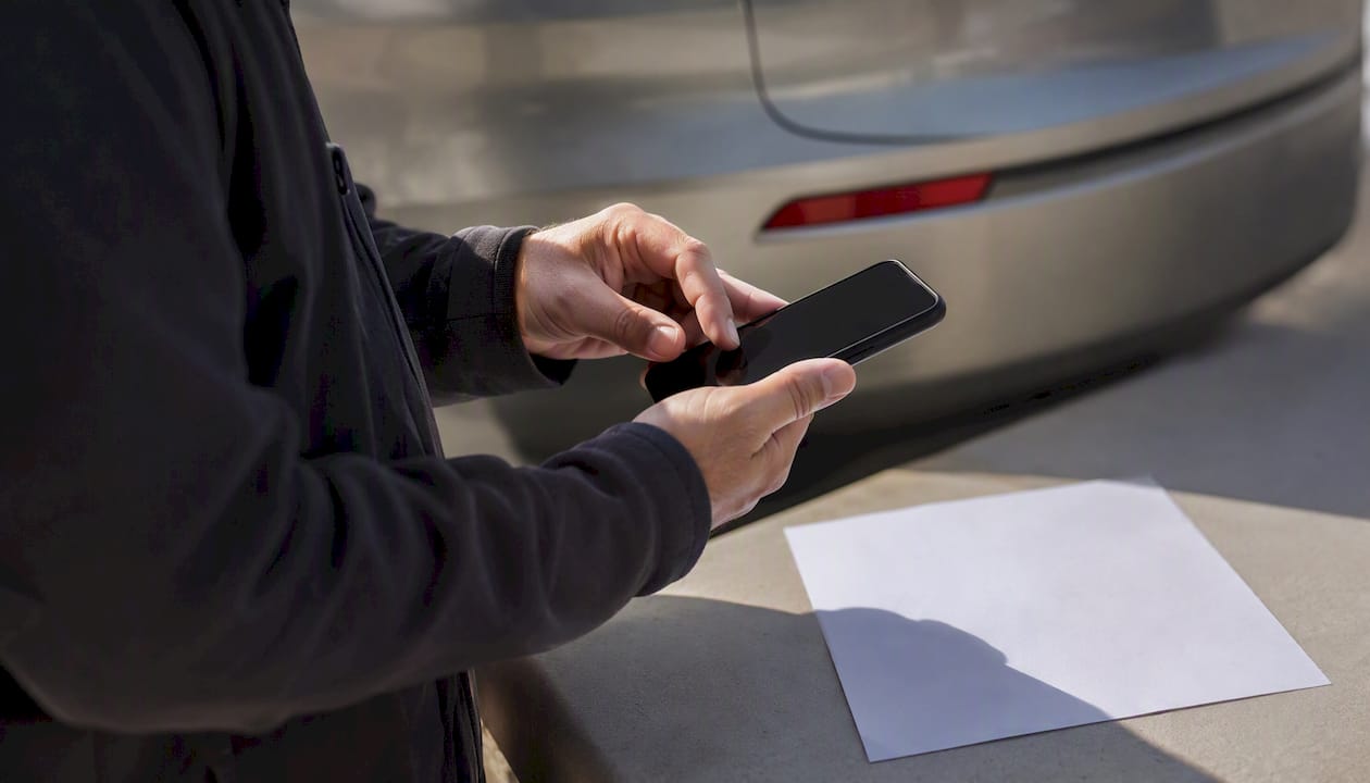 Hands entering VIN on phone outdoors near car
