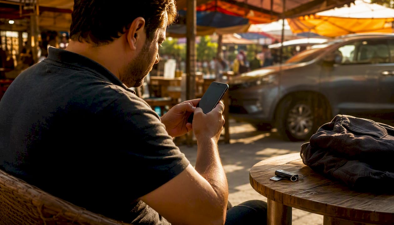 Car buyer browsing automotive app outdoors