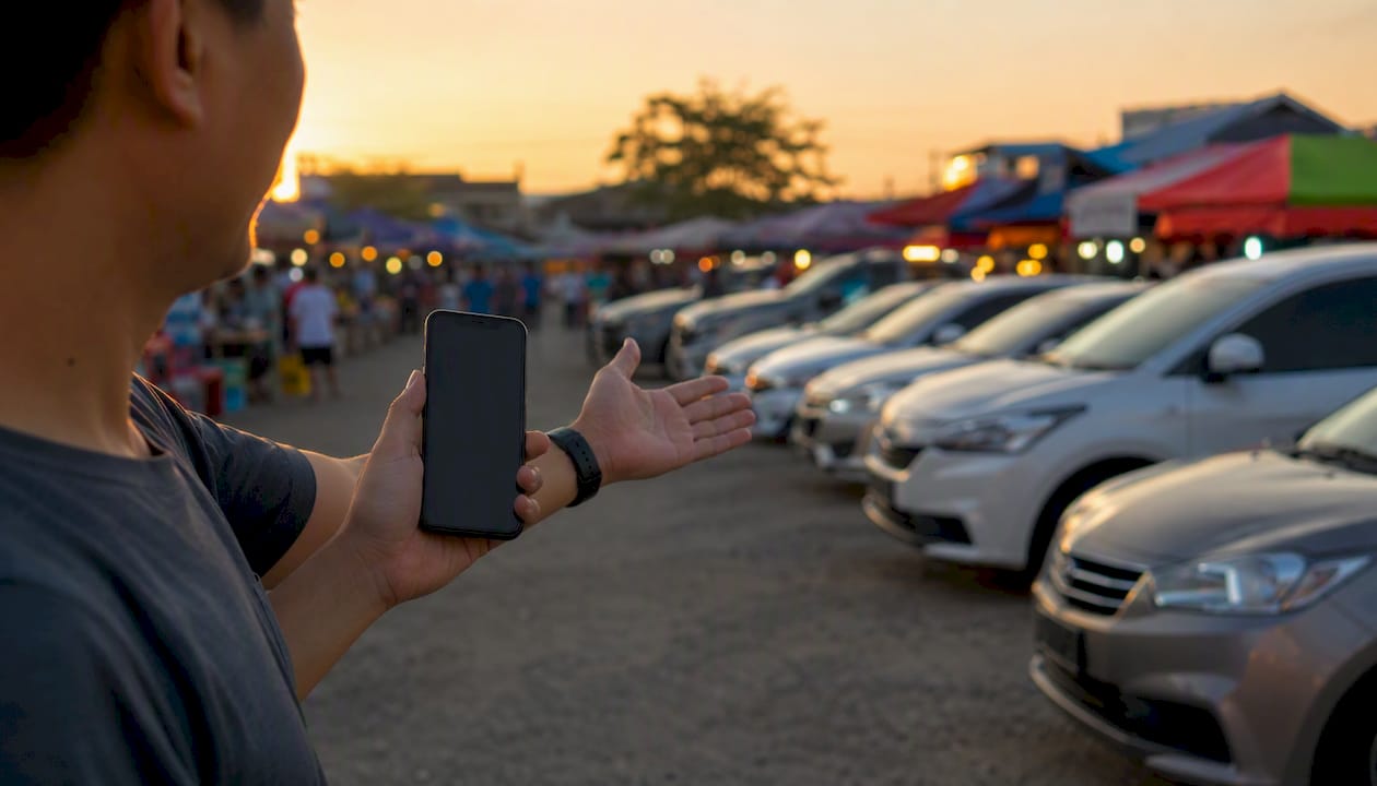 Person që mban telefonin duke inspektuar makinat e parkura