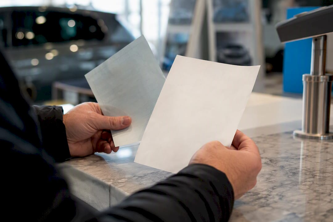 Duar që mbajnë certifikatën e emetimeve të automjeteve në zyrë