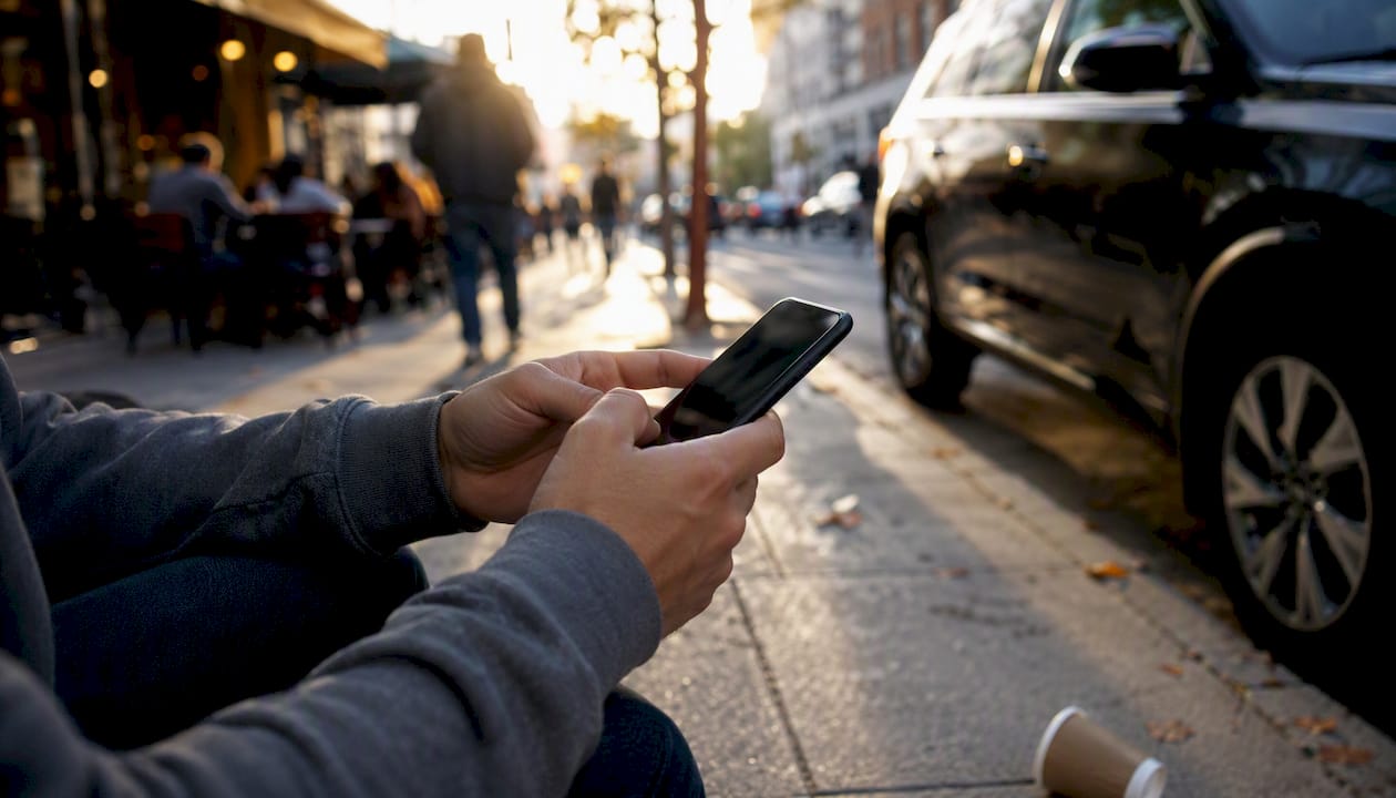 Duar që mbajnë telefonin afër siluetës së një makine
