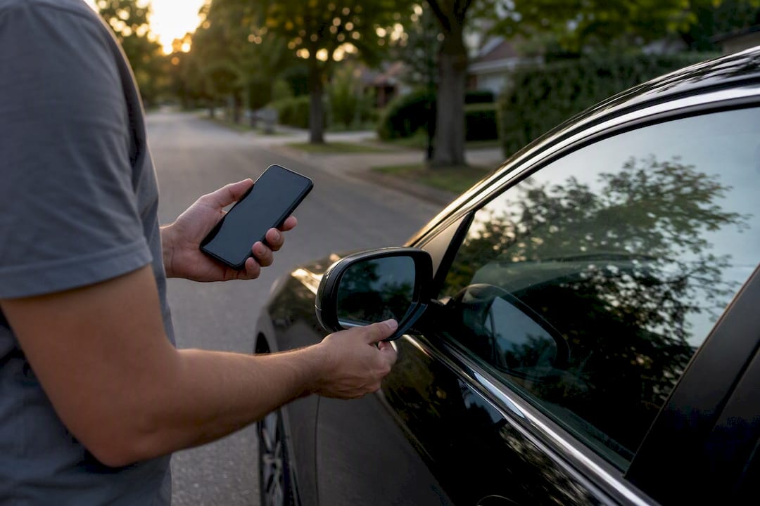 Hands holding phone and car key near vehicle