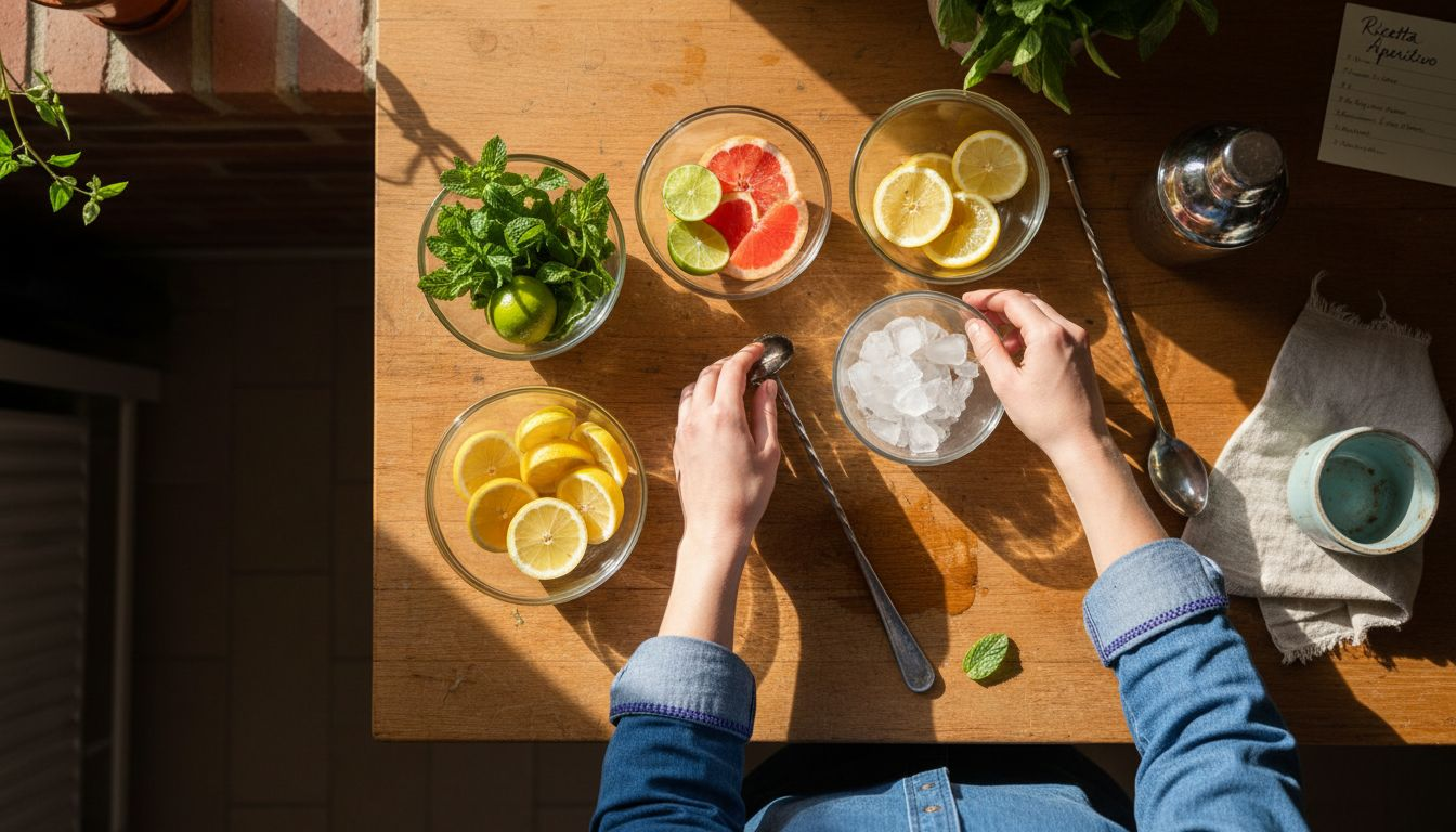 Ingredienti per cocktail disposti con cura sul piano della cucina