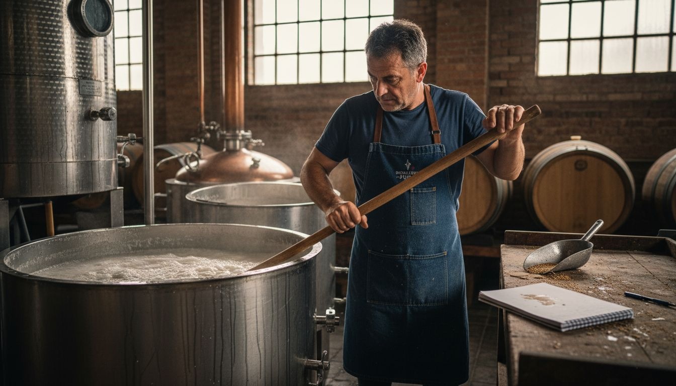 Un operaio mescola il fermentato di vodka all’interno della distilleria.