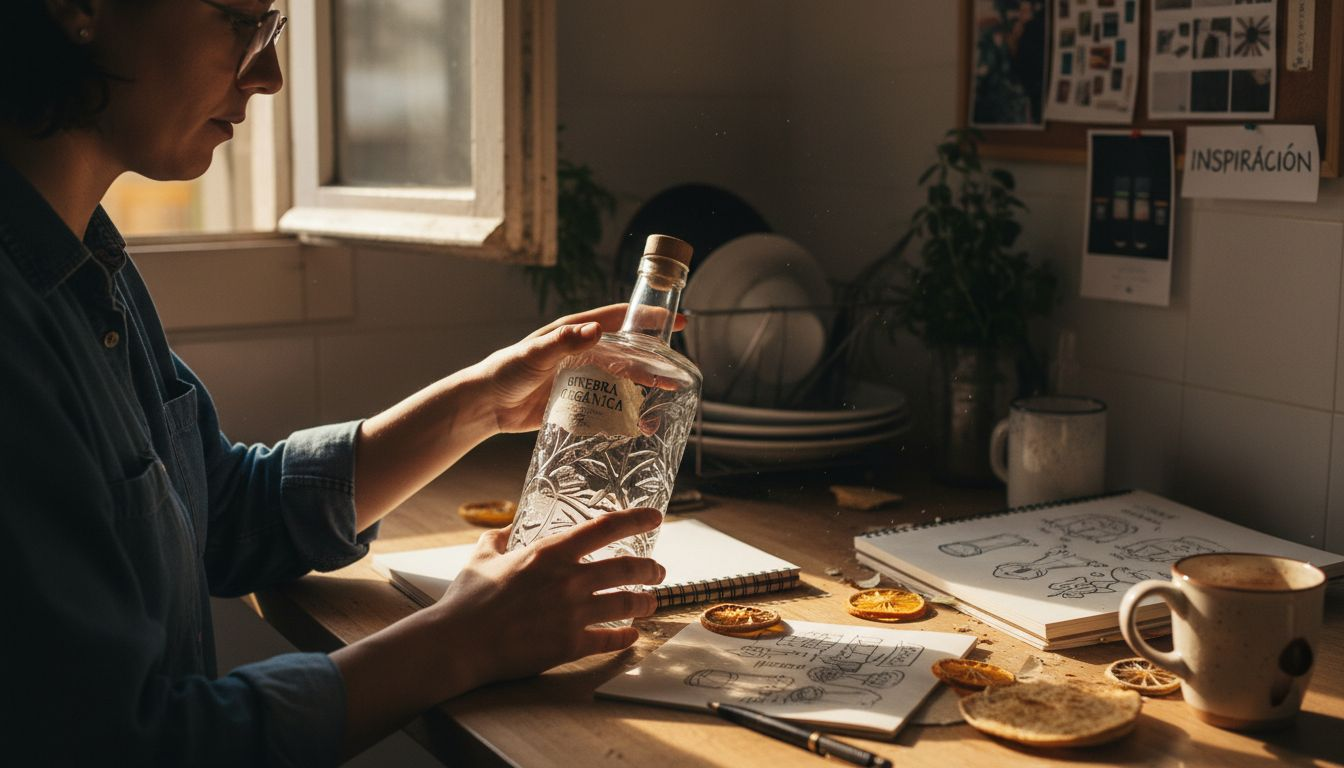 Una diseñadora analiza con atención los detalles de una botella de ginebra.