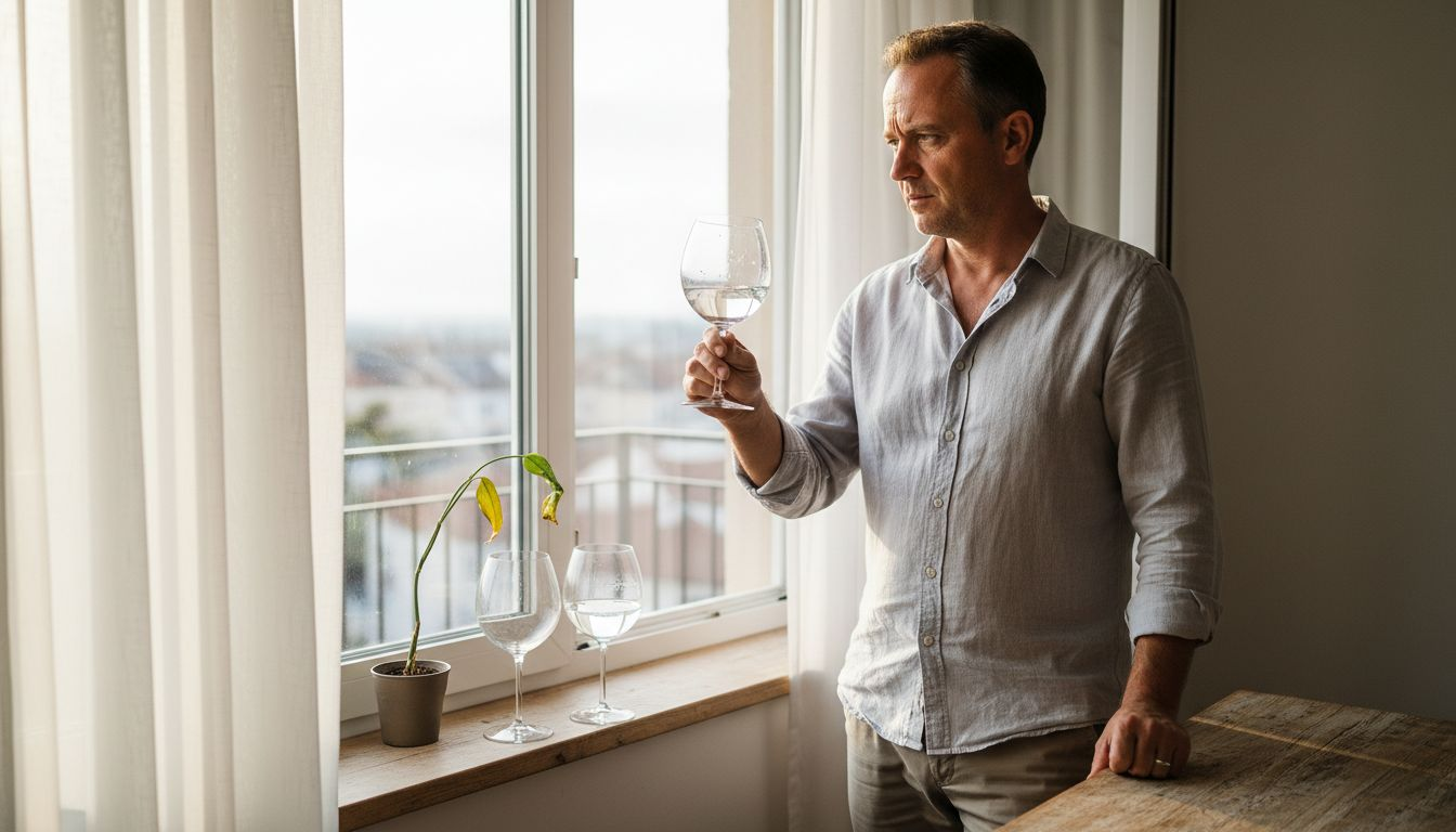 Un homme contemple la teinte de son gin en regardant par la fenêtre.