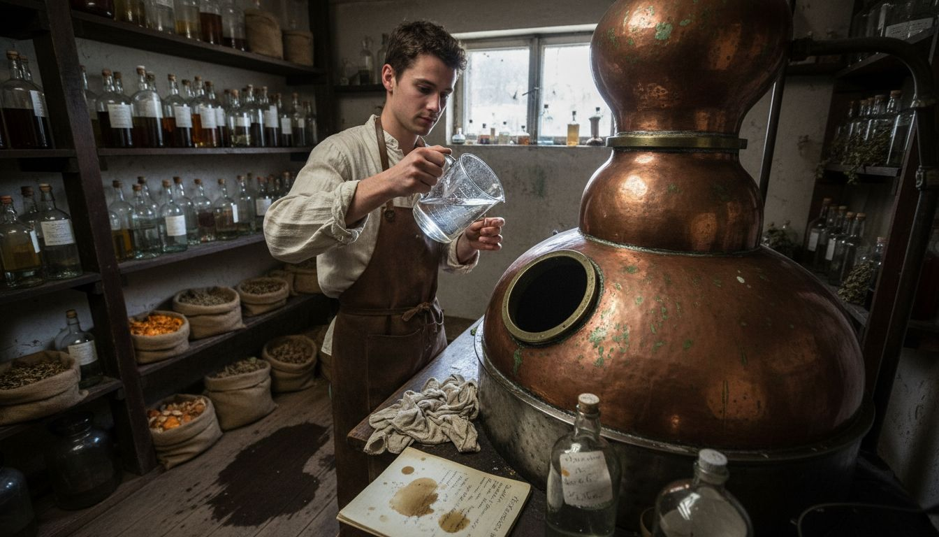 Ein junger Destillateur befüllt die Kupferdestille mit Gin.