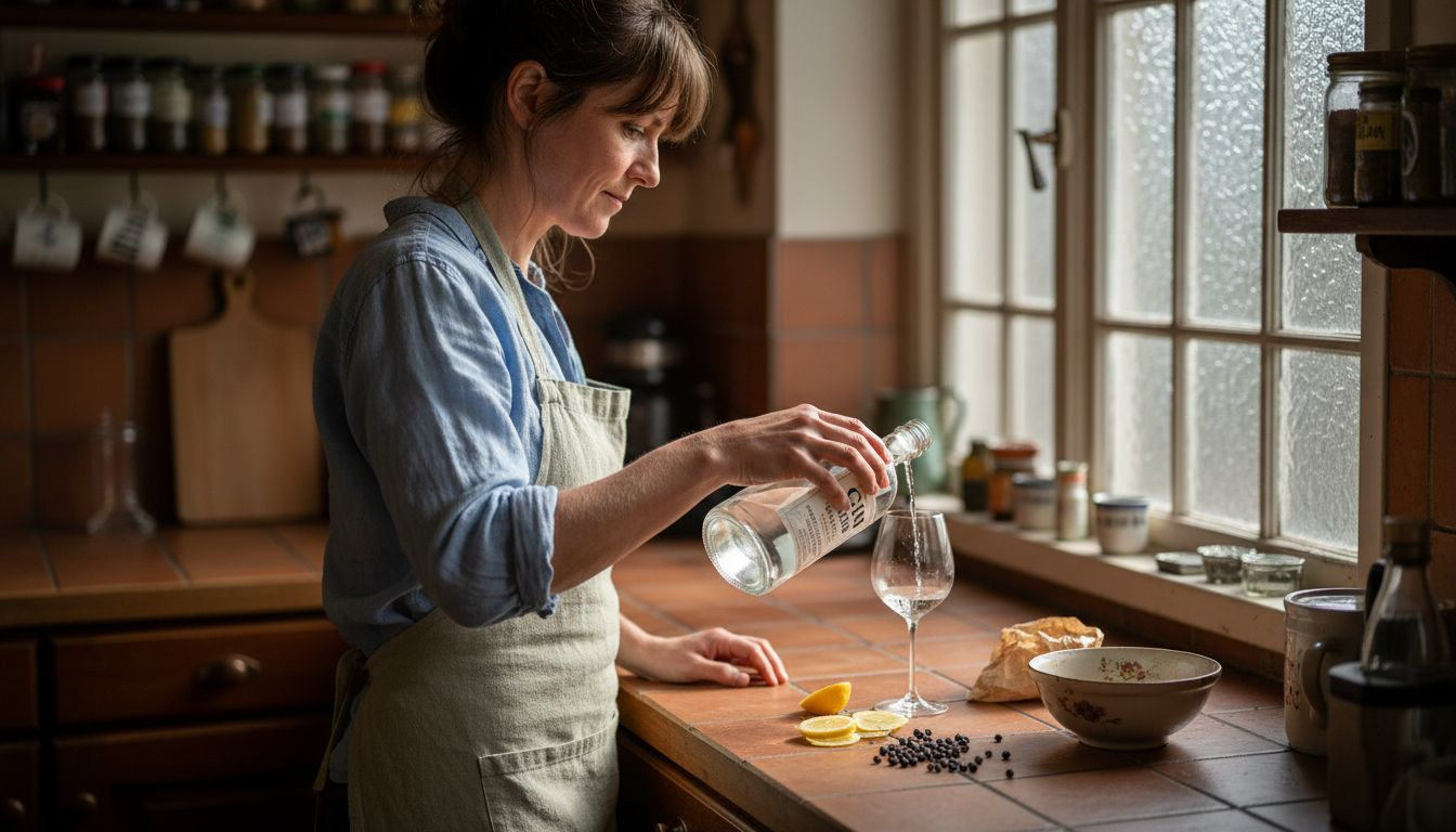 Eine Frau schenkt sich in ihrer heimischen Küche einen Gin ein.