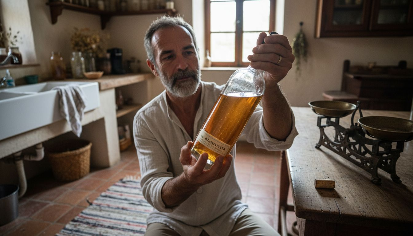Hombre examinando cuidadosamente una botella de licor artesanal