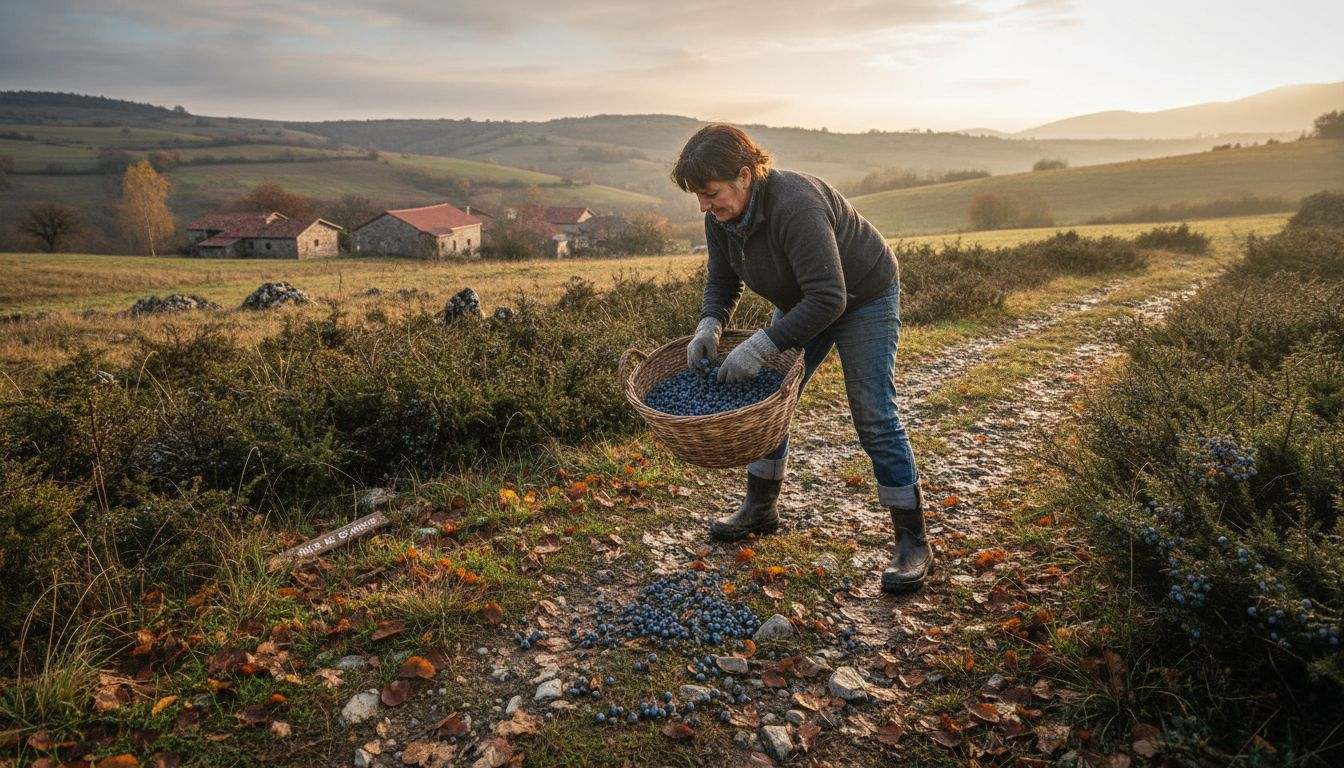 Un ouvrier cueille des baies à flanc de colline dans les Balkans.
