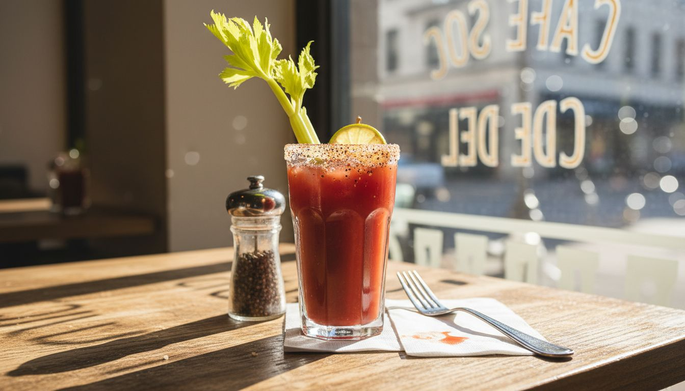 Un cóctel Bloody Mary servido en una mesa de brunch informal