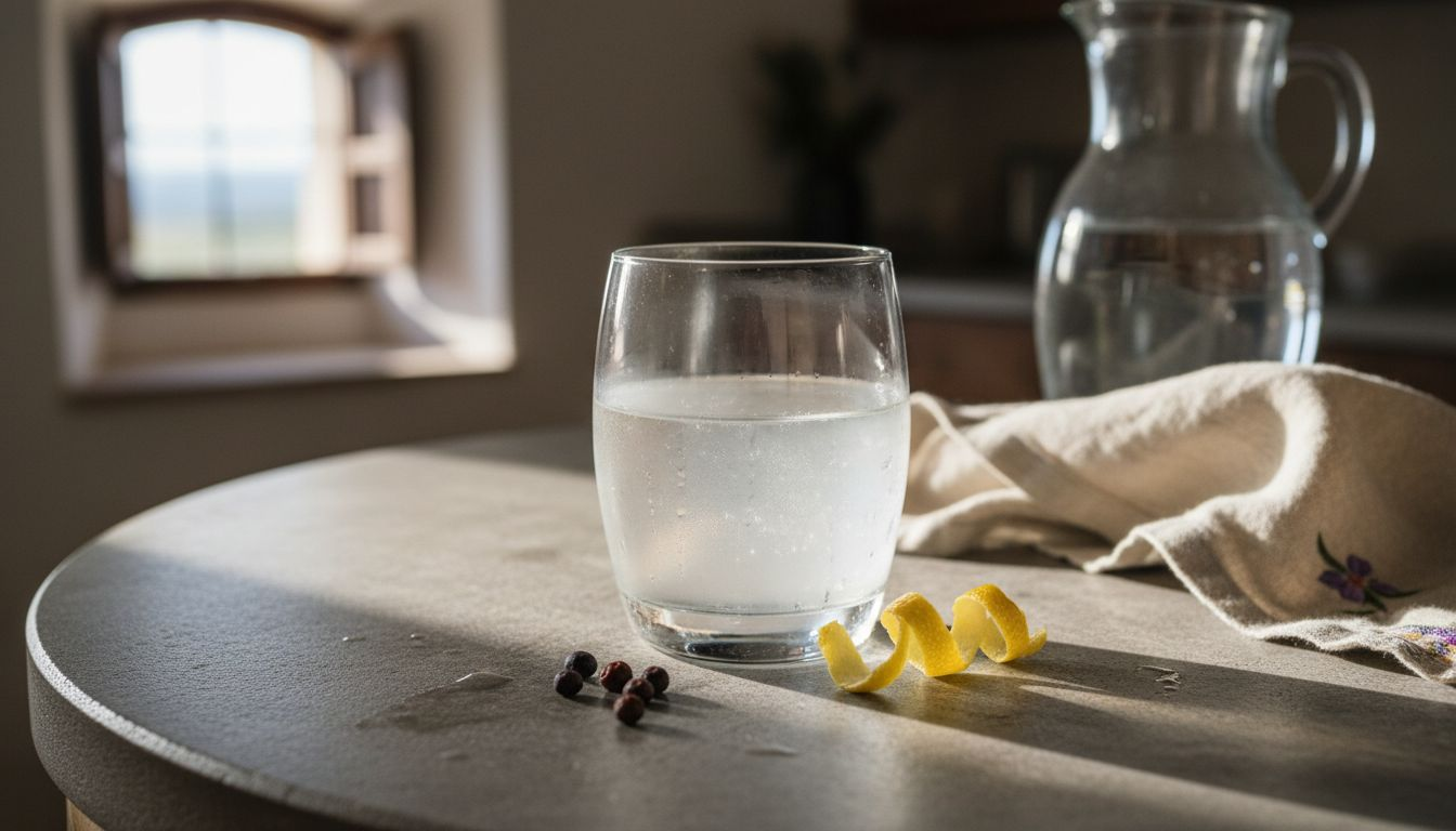 Dettaglio di un bicchiere da degustazione di gin accompagnato dalle sue botaniche