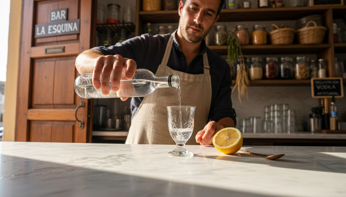 El camarero sirve una muestra para degustar un vodka italiano.