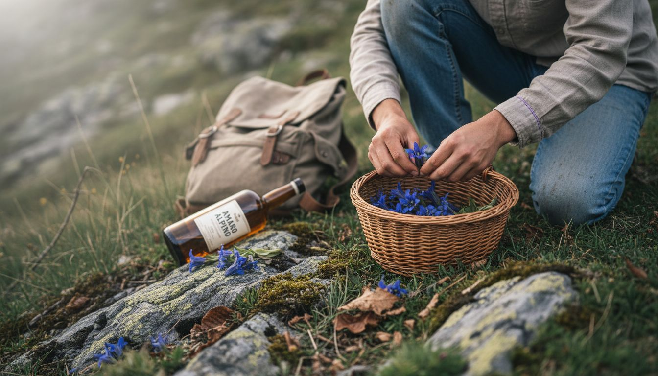 Cesto di erbe aromatiche e una bottiglia di amaro artigianale
