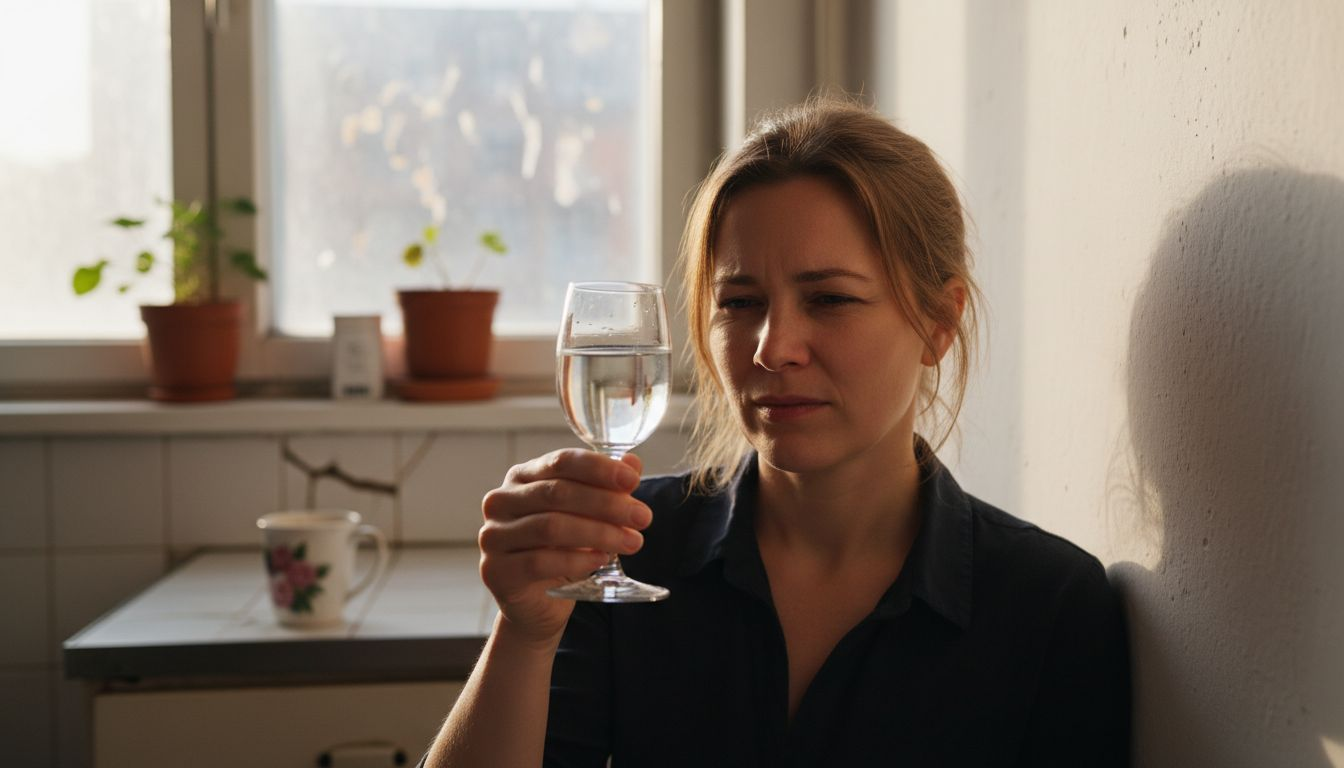Eine Frau hält ein Glas Wodka gegen das Licht, um die Klarheit des Getränks genau zu prüfen.