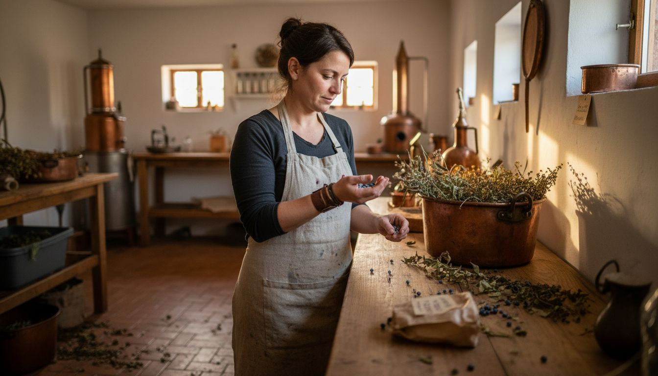 Une femme observe attentivement des baies de genièvre au cœur d’une distillerie.