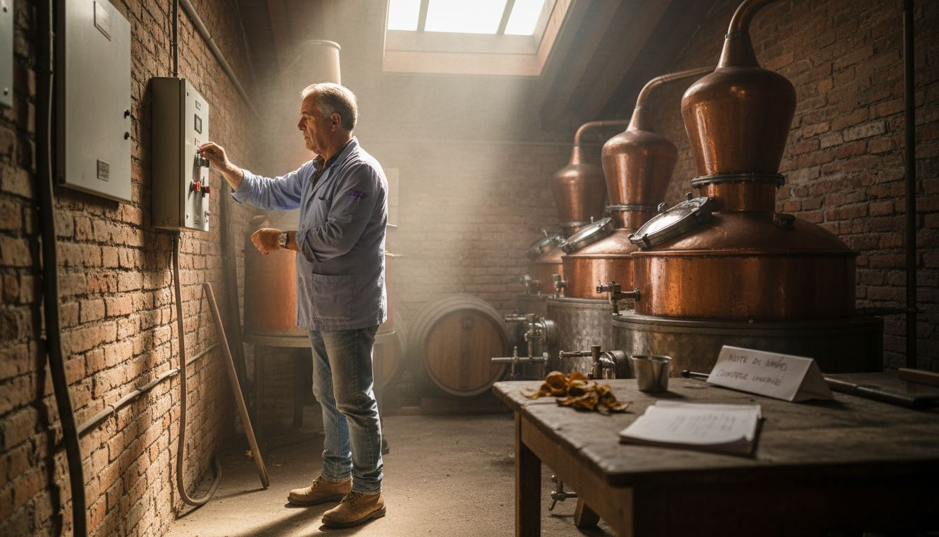 Mastro distillatore all’opera tra gli alambicchi di rame per la produzione del gin