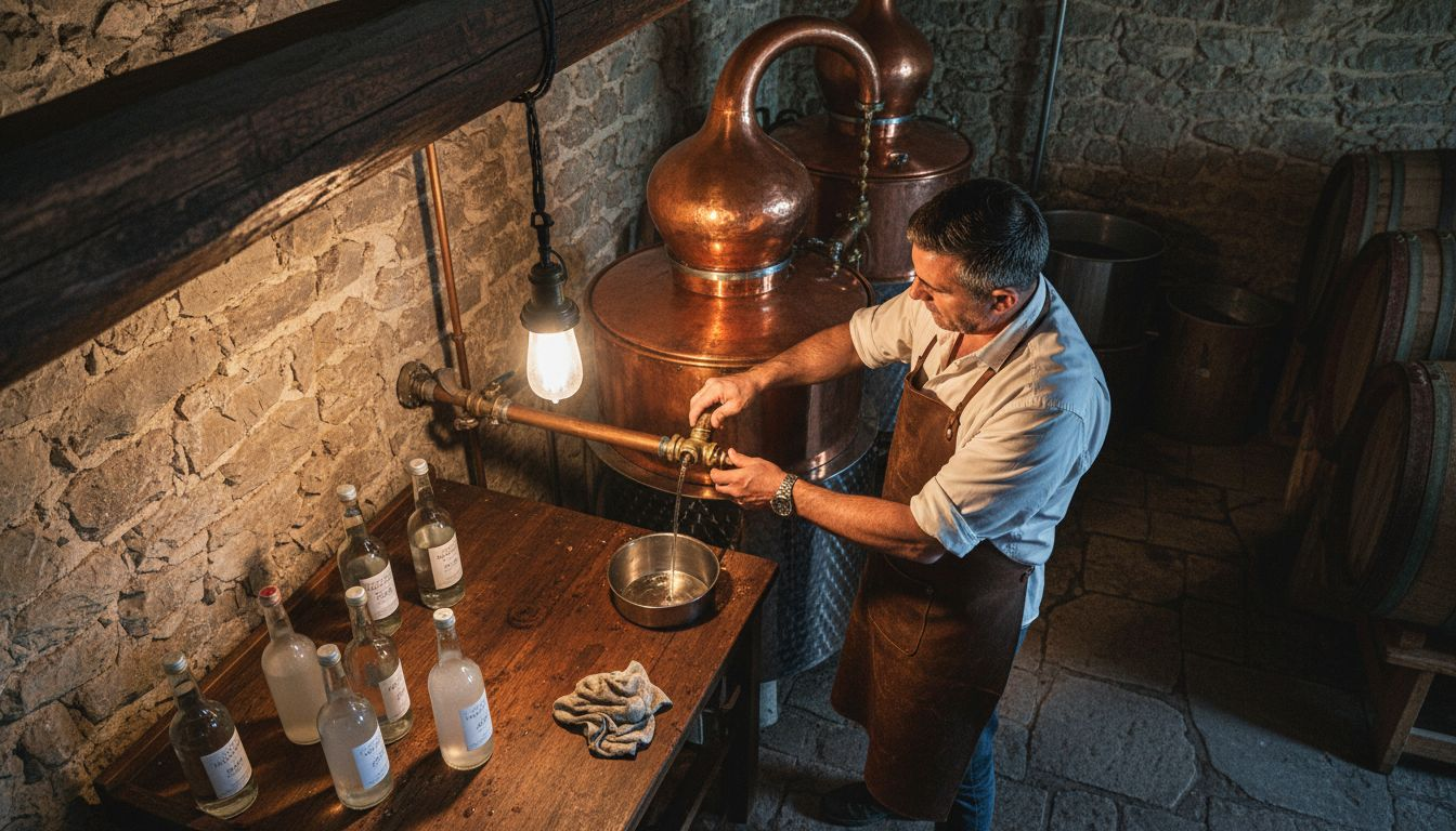 El maestro destilador inspecciona los alambiques y revisa cuidadosamente las botellas de vodka para asegurar la calidad.