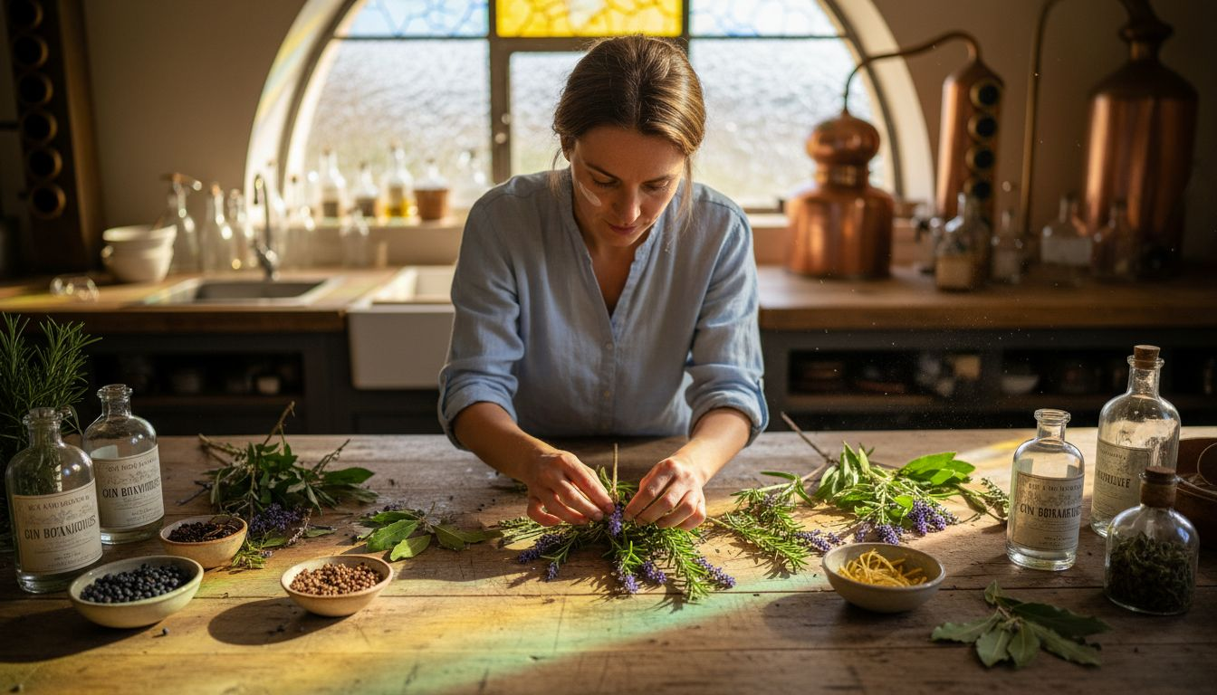 Sélection et disposition des plantes aromatiques sur une table en bois pour préparer un gin maison.