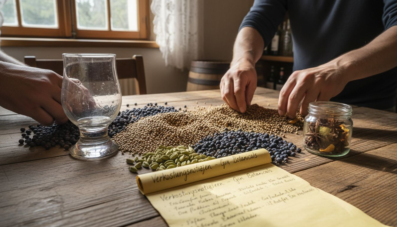 Mit geschultem Blick und viel Fingerspitzengefühl werden auf dem Verkostungstisch verschiedene Botanicals für den Gin sortiert.