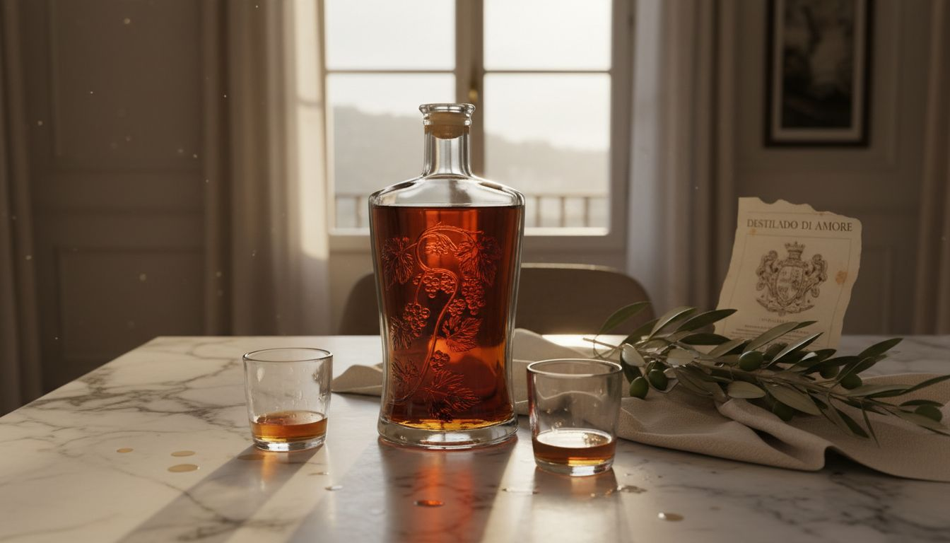 Elegante botella de licor italiano exhibida sobre una superficie de mármol