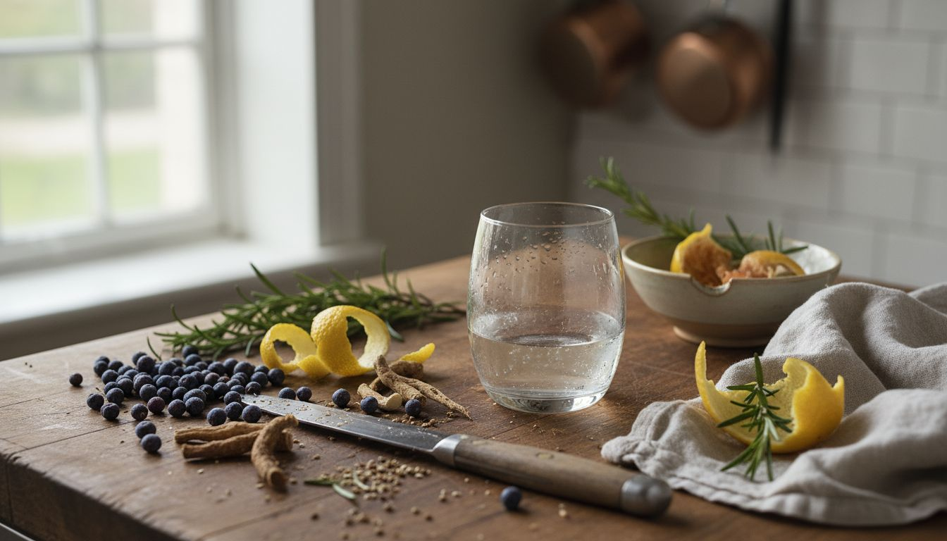 Una selección de botánicos para gin y otros ingredientes repartidos sobre la encimera de la cocina.