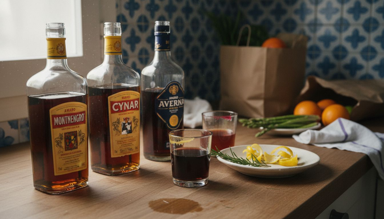Sul piano della cucina, una selezione di bottiglie di amaro italiano affiancate da eleganti bicchieri da degustazione crea un’atmosfera conviviale e raffinata.