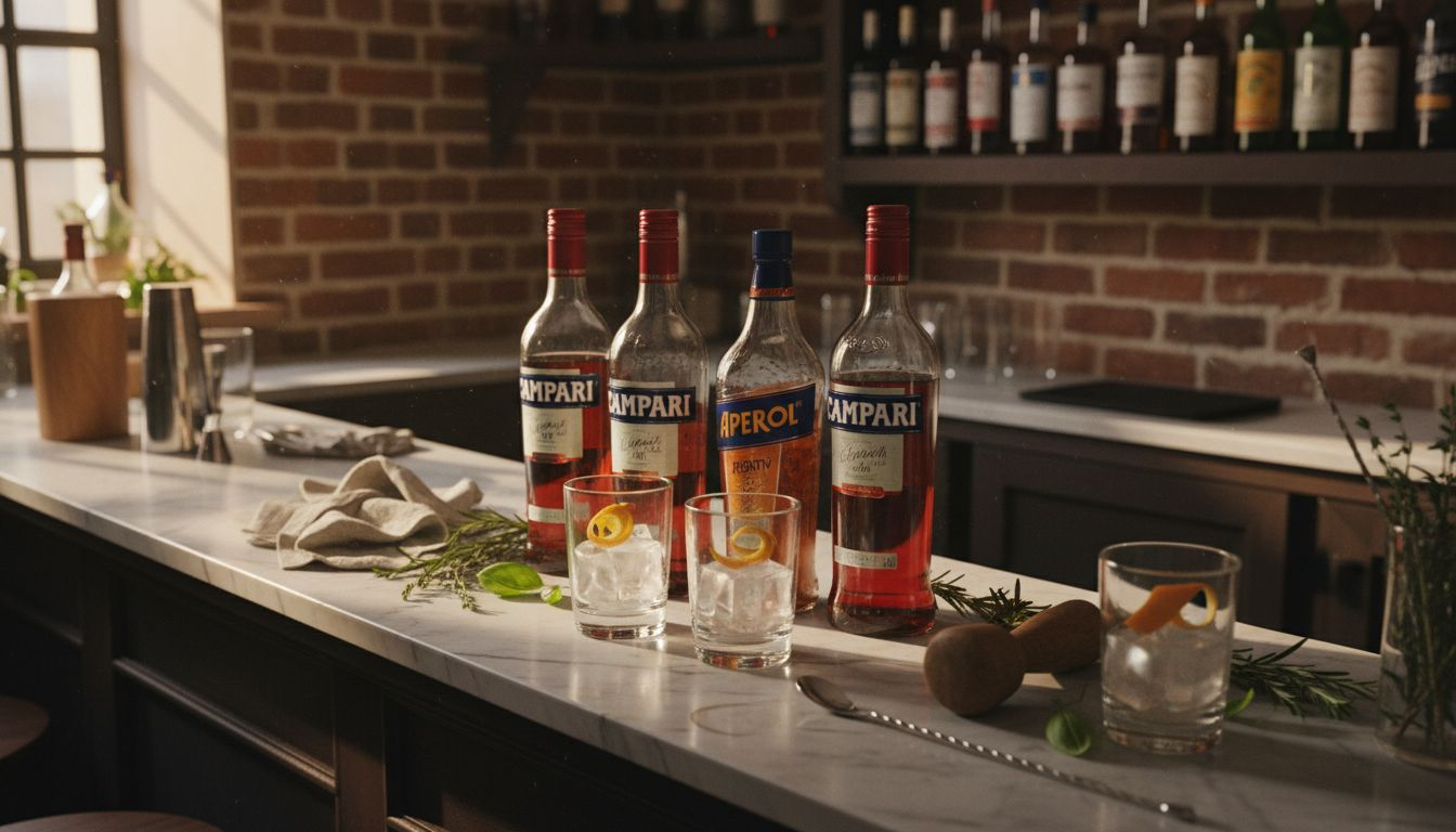 Verschiedene Flaschen mit Bitterlikör und frische Kräuter stehen dekorativ auf der Bar.