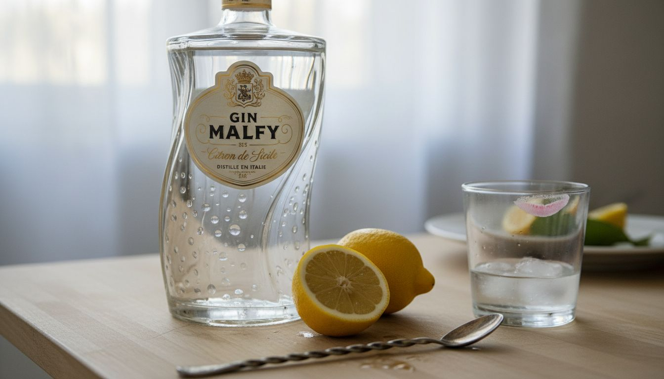 Une bouteille de gin Malfy au design moderne accompagnée d’un citron