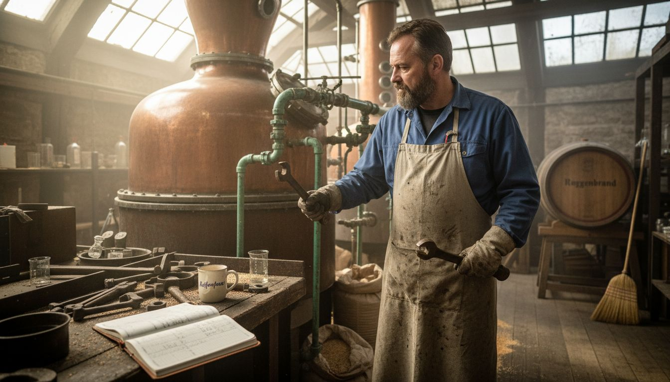 Ein Brennmeister wirft einen prüfenden Blick auf die Kupferbrennblase in seiner Werkstatt.