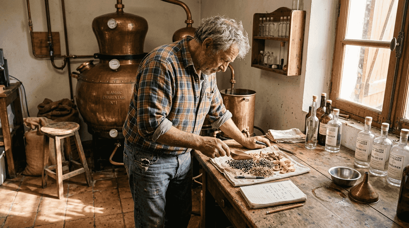Le distillateur vérifie la qualité des plantes aromatiques dans sa petite distillerie.