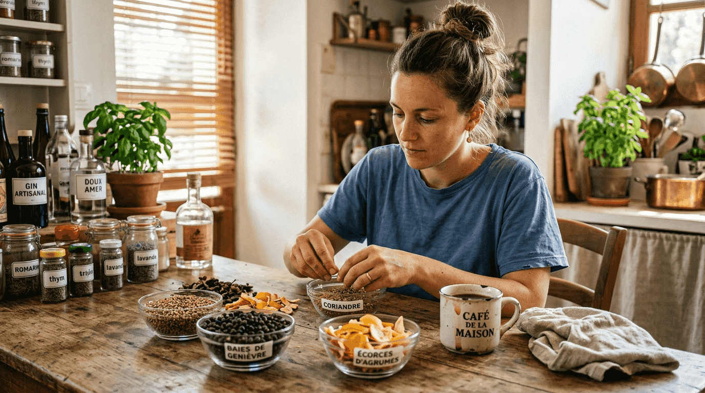 Une femme sélectionne avec soin des plantes aromatiques pour la fabrication d’un gin artisanal.