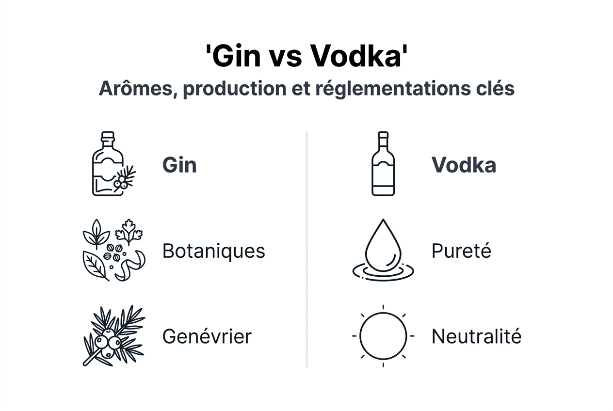 Visuel épuré pour mettre en lumière les différences entre le gin et la vodka