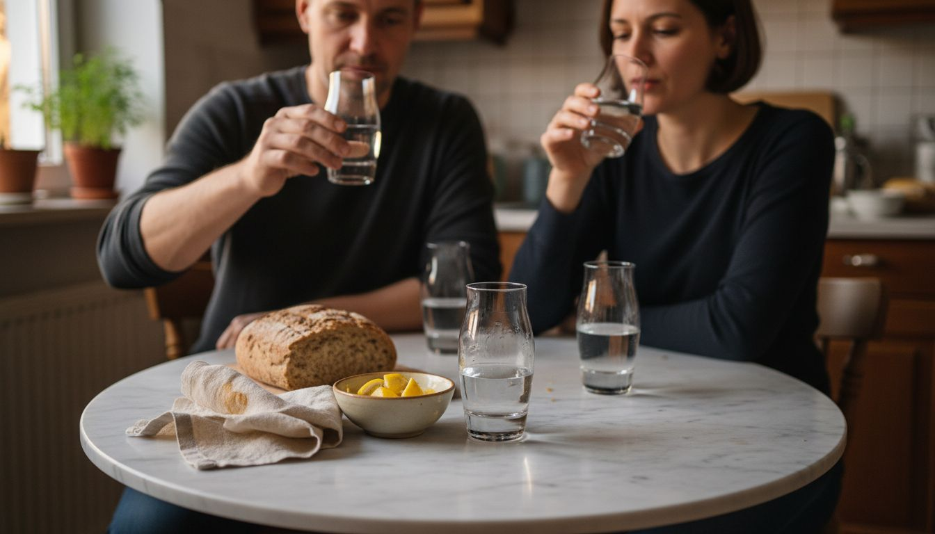 Am Tisch probieren mehrere Personen verschiedene Wodka-Sorten und tauschen sich über die Geschmacksnuancen aus.