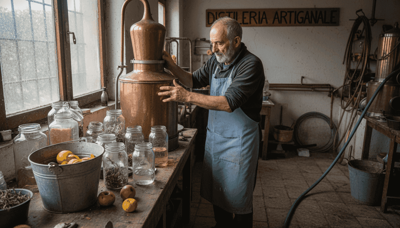 Un artigiano all’opera che regola con cura gli alambicchi in rame